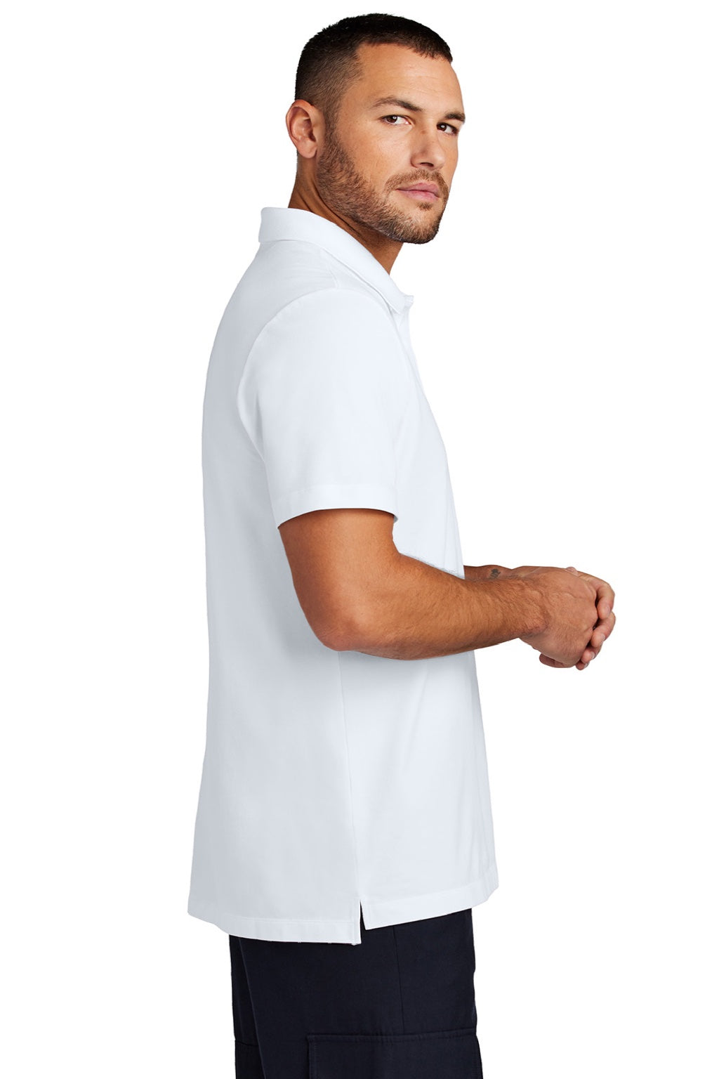 Mercer+Mettle MM1004 Mens Moisture Wicking Short Sleeve Polo Shirt White Model Side