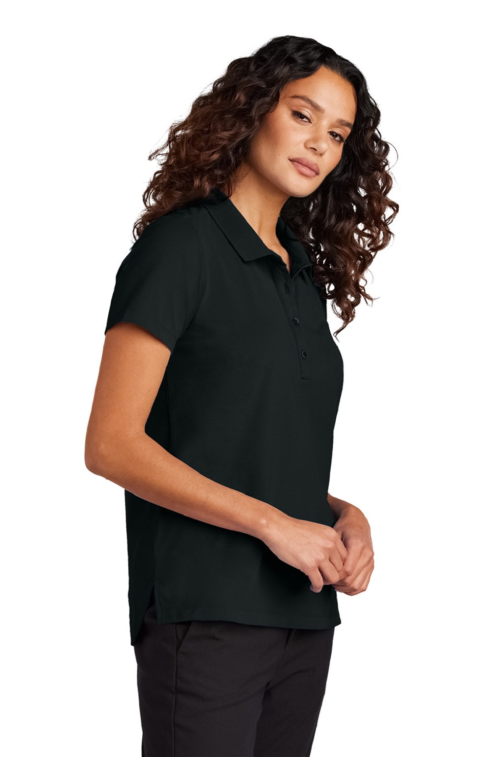 Mercer+Mettle MM1005 Womens Moisture Wicking Short Sleeve Polo Shirt Deep Black Model Side
