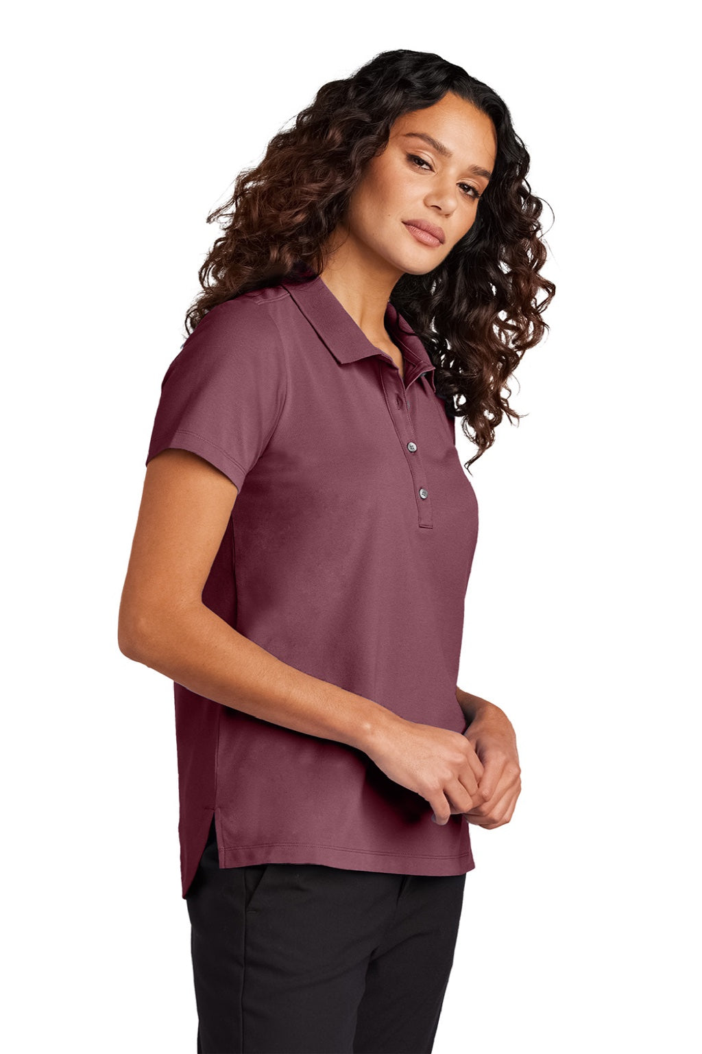 Mercer+Mettle MM1005 Womens Moisture Wicking Short Sleeve Polo Shirt Rosewood Model Side