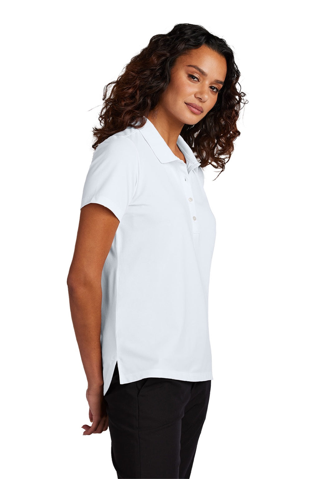 Mercer+Mettle MM1005 Womens Moisture Wicking Short Sleeve Polo Shirt White Model Side