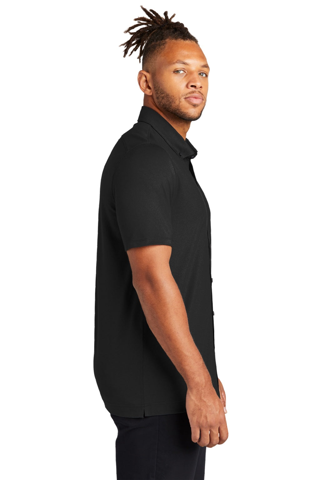 Mercer+Mettle MM1006 Mens Moisture Wicking Short Sleeve Button Down Shirt Deep Black Model Side
