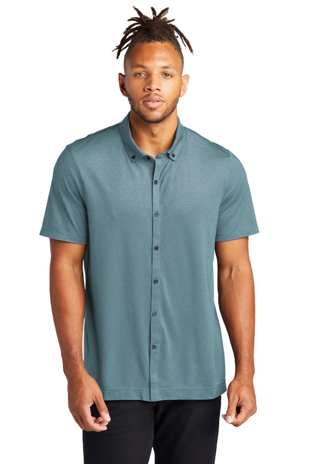 Mercer+Mettle MM1006 Mens Moisture Wicking Short Sleeve Button Down Shirt Heather Parisian Blue Model Front