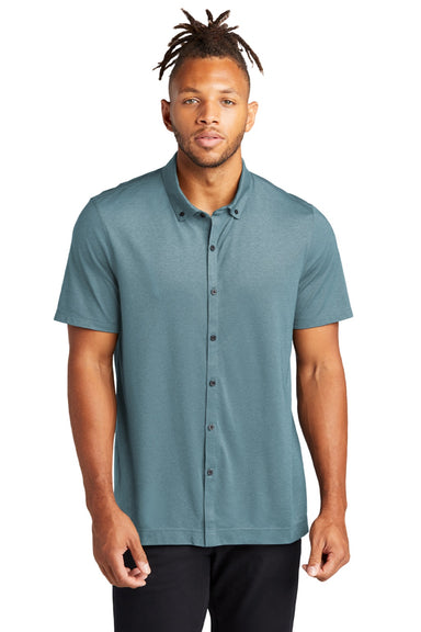 Mercer+Mettle MM1006 Mens Moisture Wicking Short Sleeve Button Down Shirt Heather Parisian Blue Model Front