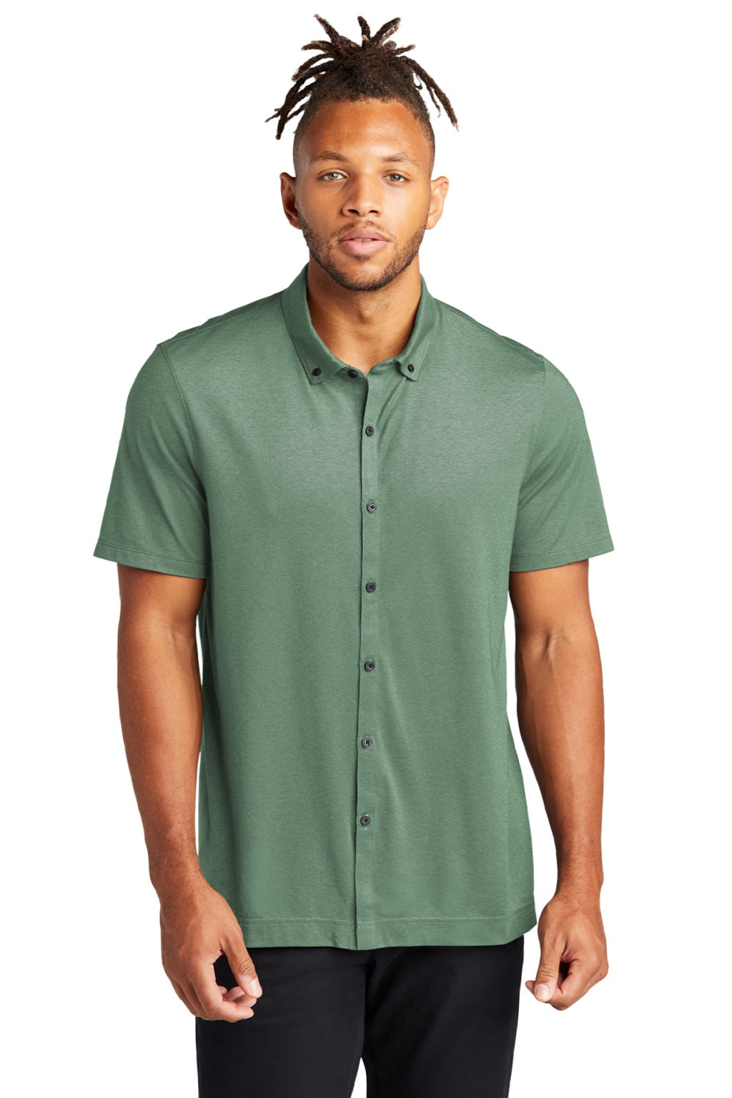 Mercer+Mettle MM1006 Mens Moisture Wicking Short Sleeve Button Down Shirt Heather Sage Green Model Front
