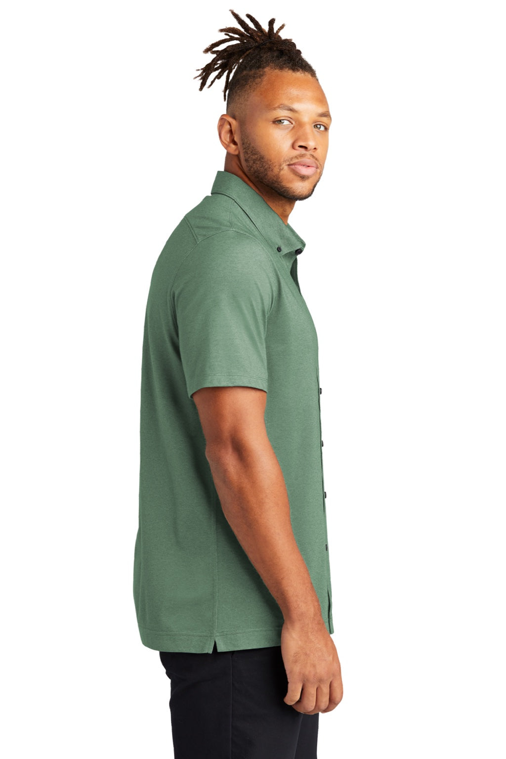 Mercer+Mettle MM1006 Mens Moisture Wicking Short Sleeve Button Down Shirt Heather Sage Green Model Side