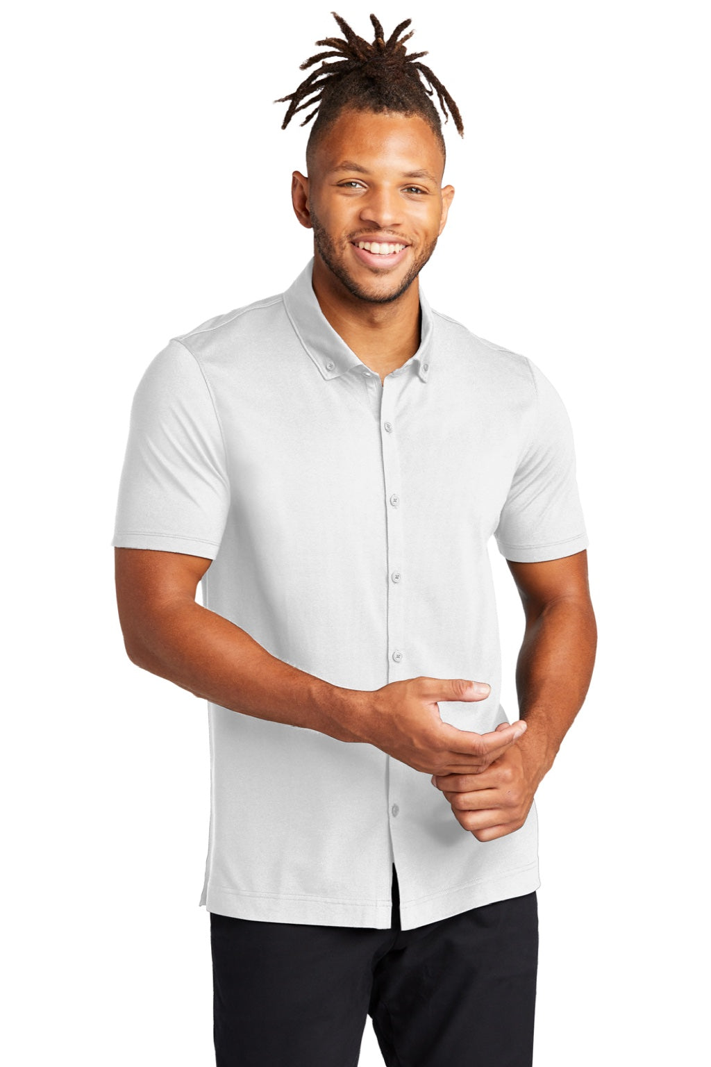 Mercer+Mettle MM1006 Mens Moisture Wicking Short Sleeve Button Down Shirt White Model Front