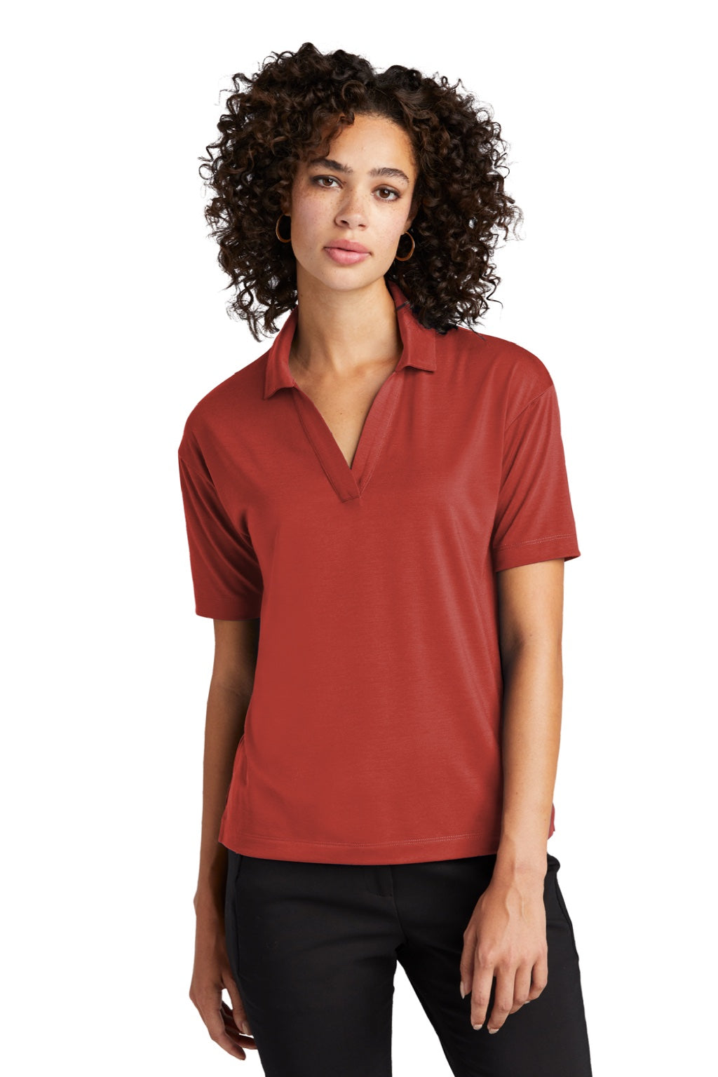 Mercer+Mettle MM1015 Womens Moisture Wicking Short Sleeve Polo Shirt Terracotta Red Model Front
