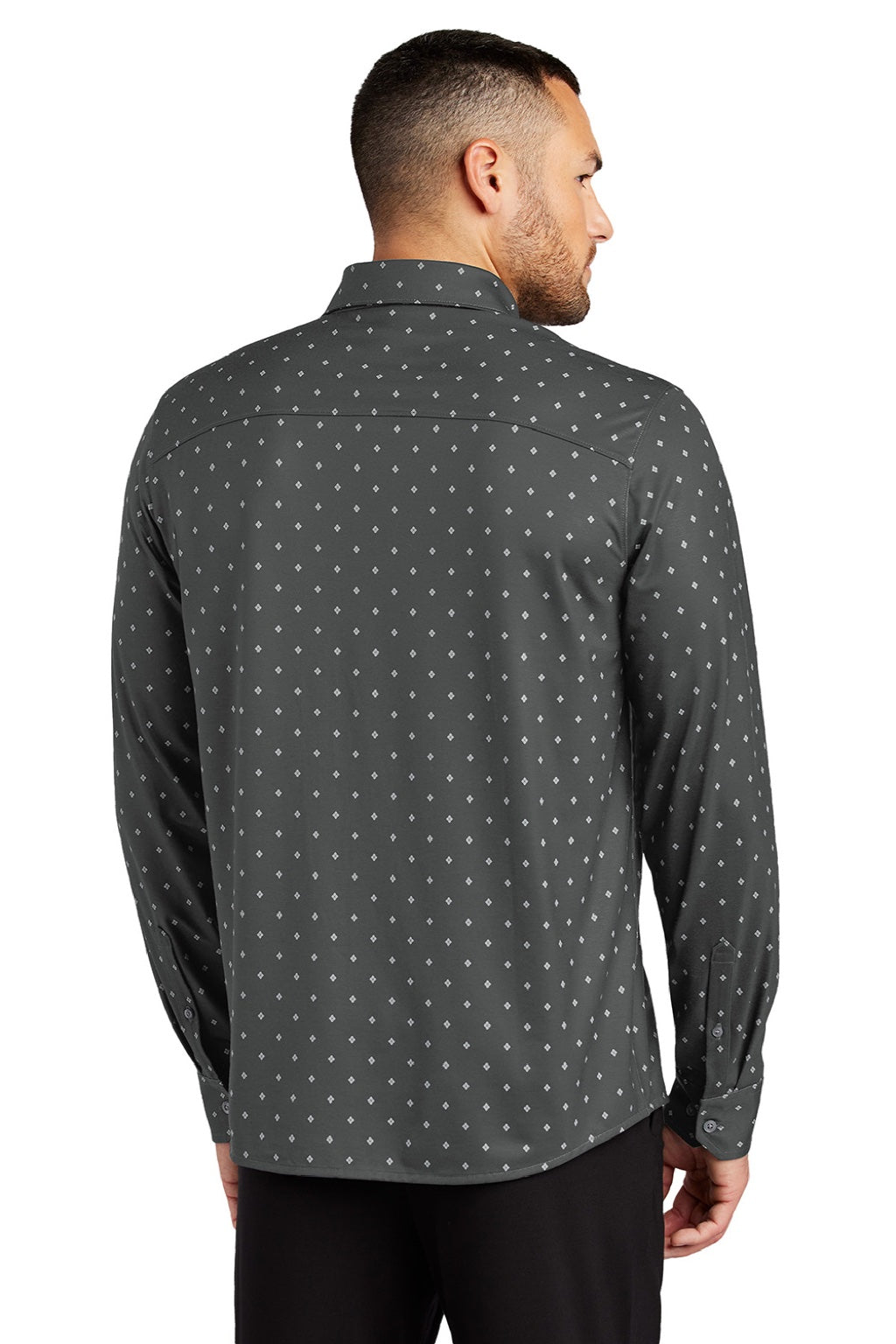 Mercer+Mettle MM1018 Mens Moisture Wicking Long Sleeve Button Down Shirt Anchor Grey Geo Diamond Model Back