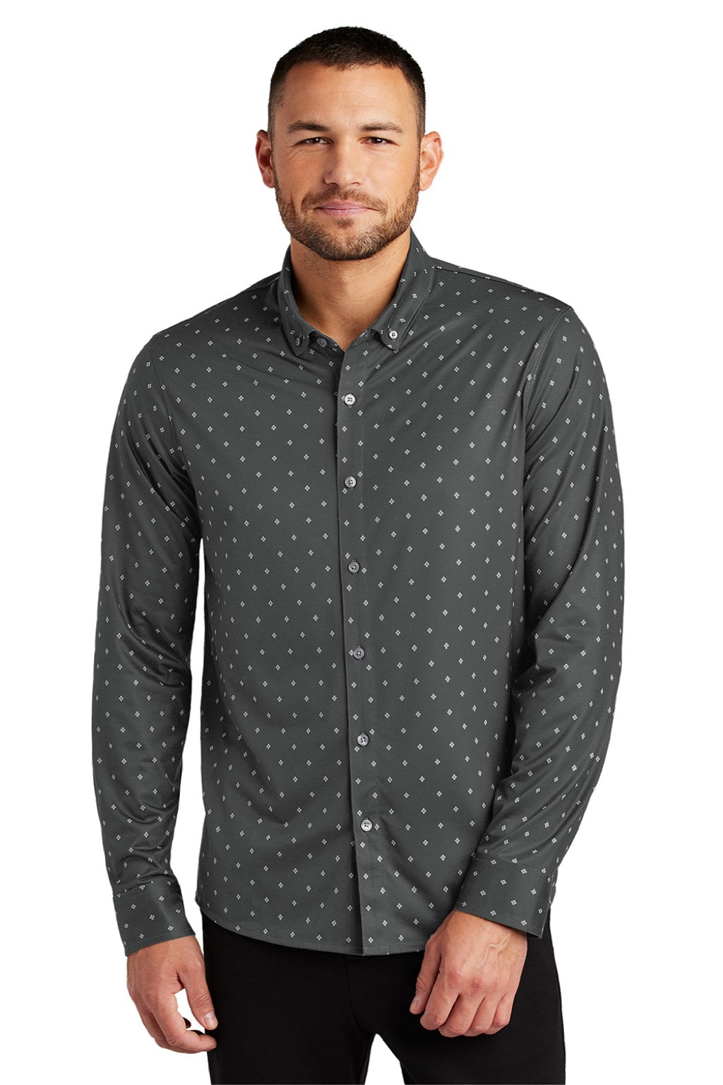 Mercer+Mettle MM1018 Mens Moisture Wicking Long Sleeve Button Down Shirt Anchor Grey Geo Diamond Model Front