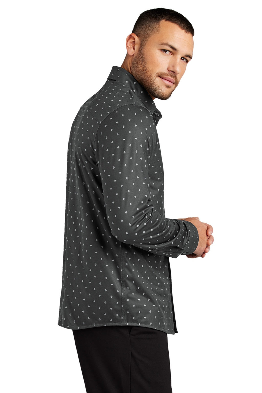 Mercer+Mettle MM1018 Mens Moisture Wicking Long Sleeve Button Down Shirt Anchor Grey Geo Diamond Model Side