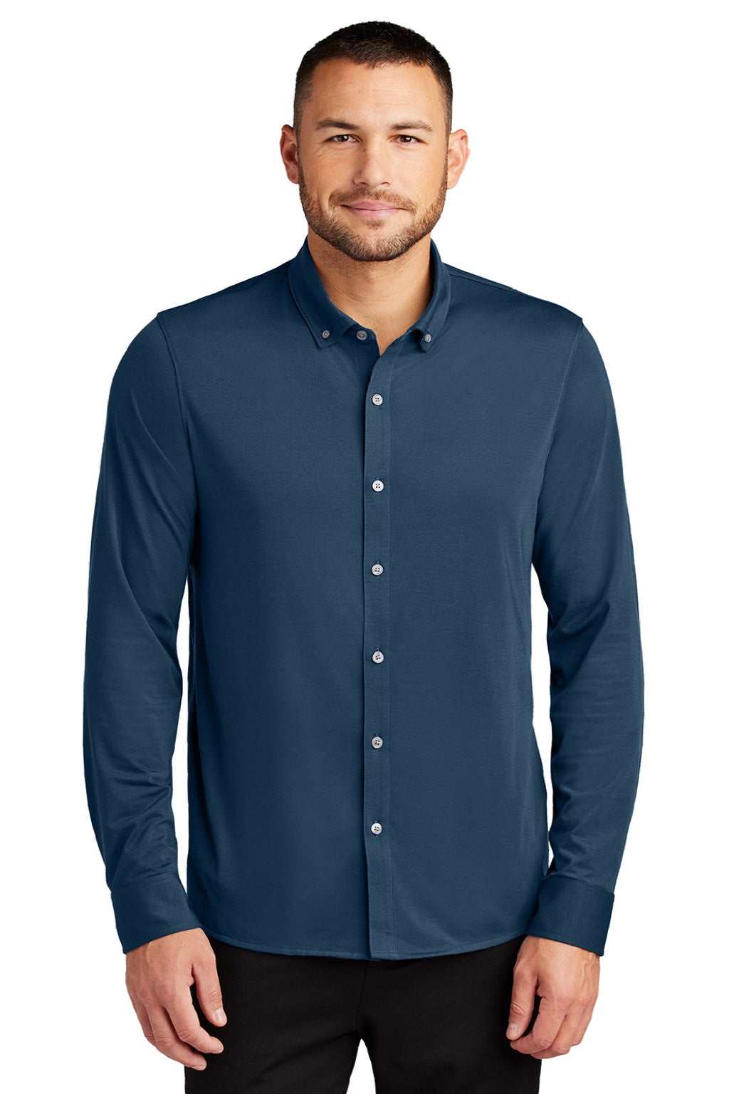 Mercer+Mettle MM1018 Mens Moisture Wicking Long Sleeve Button Down Shirt Insignia Blue Model Front
