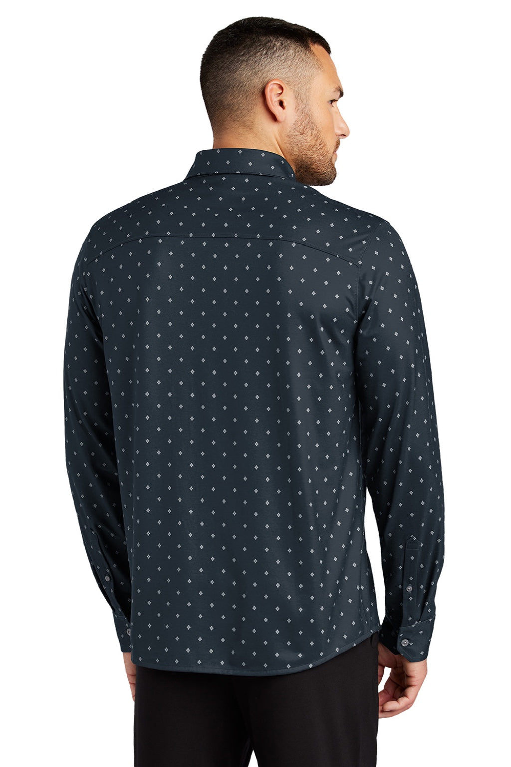 Mercer+Mettle MM1018 Mens Moisture Wicking Long Sleeve Button Down Shirt Navy Blue Geo Diamond Model Back
