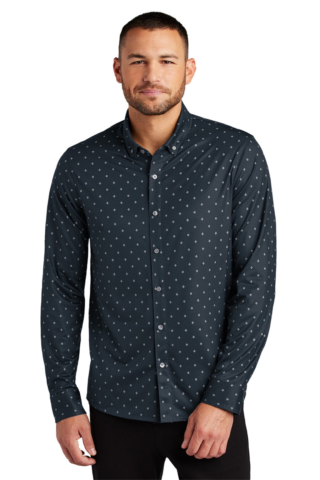 Mercer+Mettle MM1018 Mens Moisture Wicking Long Sleeve Button Down Shirt Navy Blue Geo Diamond Model Front