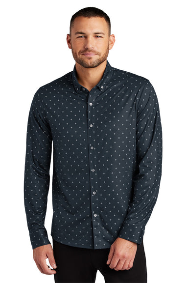 Mercer+Mettle MM1018 Mens Moisture Wicking Long Sleeve Button Down Shirt Navy Blue Geo Diamond Model Front