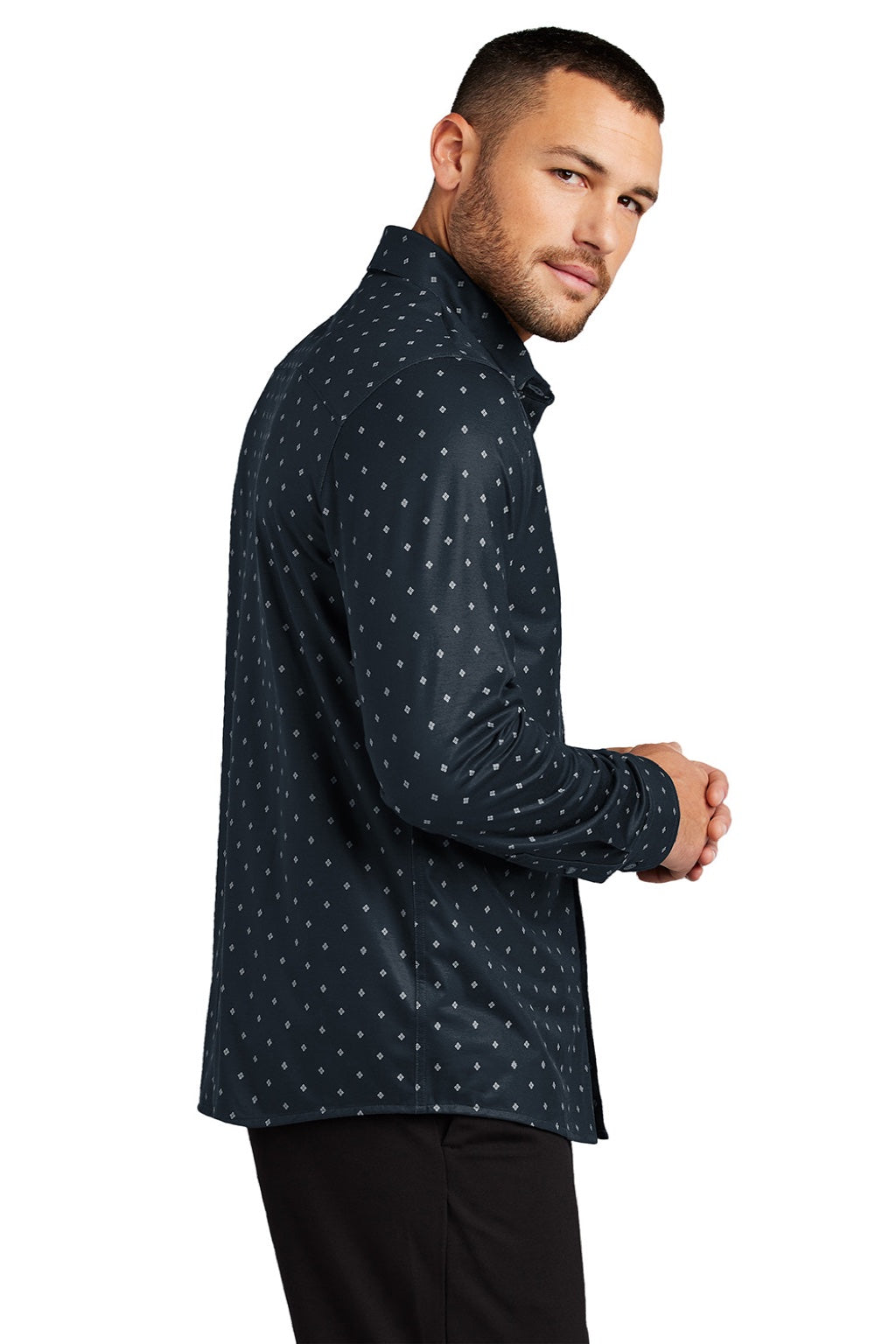 Mercer+Mettle MM1018 Mens Moisture Wicking Long Sleeve Button Down Shirt Navy Blue Geo Diamond Model Side