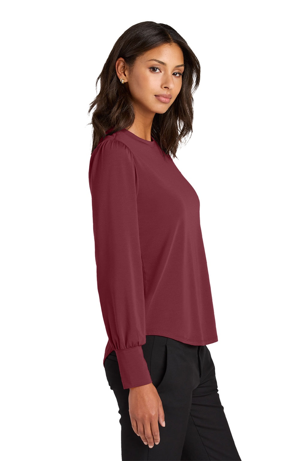 Mercer+Mettle MM1019 Womens Moisture Wicking Stretch Jersey Long Sleeve Blouson Top Rosewood Red Model Side