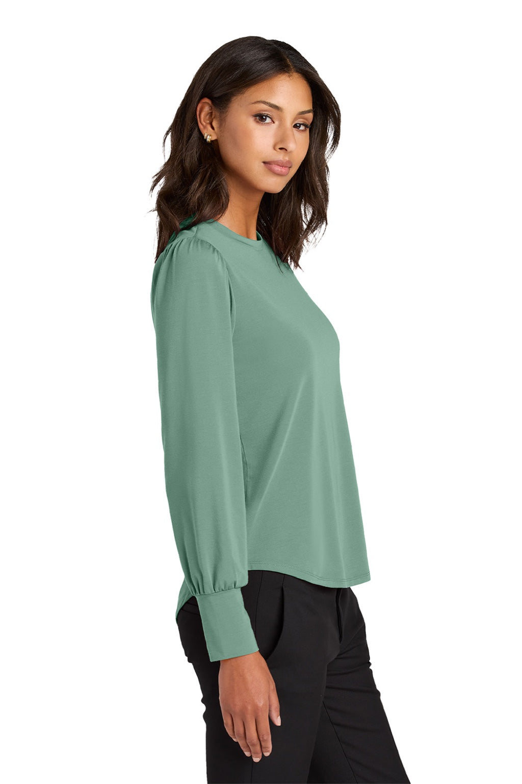Mercer+Mettle MM1019 Womens Moisture Wicking Stretch Jersey Long Sleeve Blouson Top Sage Green Model Side
