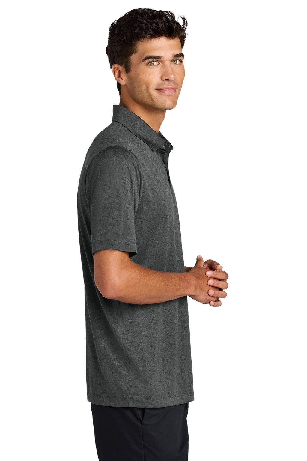 Mercer+Mettle MM1020 Mens Recharge Moisture Wicking Short Sleeve Polo Shirt Heather Anchor Grey Model Side