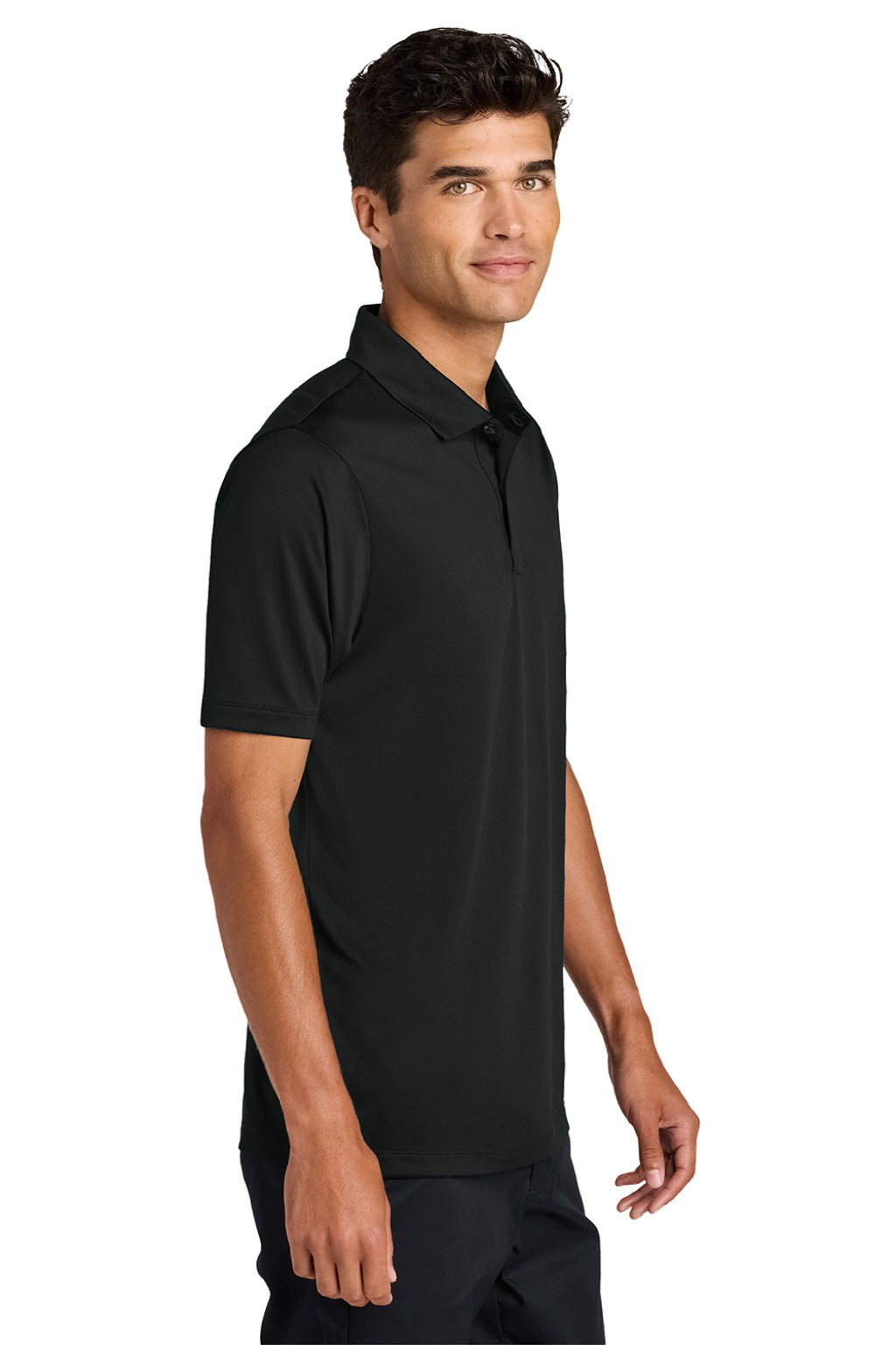 Mercer+Mettle MM1020 Mens Recharge Moisture Wicking Short Sleeve Polo Shirt Deep Black Model Side