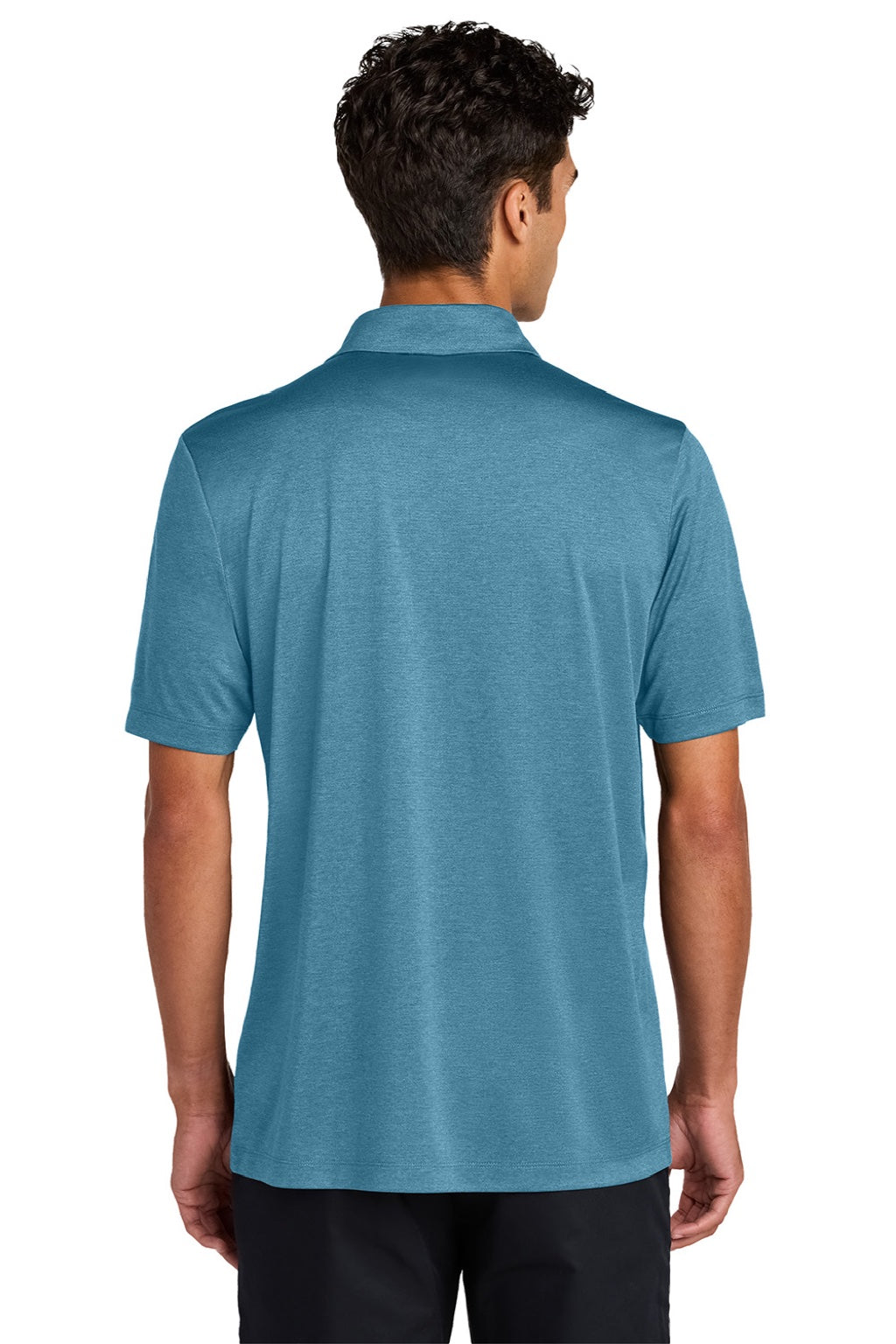 Mercer+Mettle MM1020 Mens Recharge Moisture Wicking Short Sleeve Polo Shirt Heather Harbor Blue Model Back