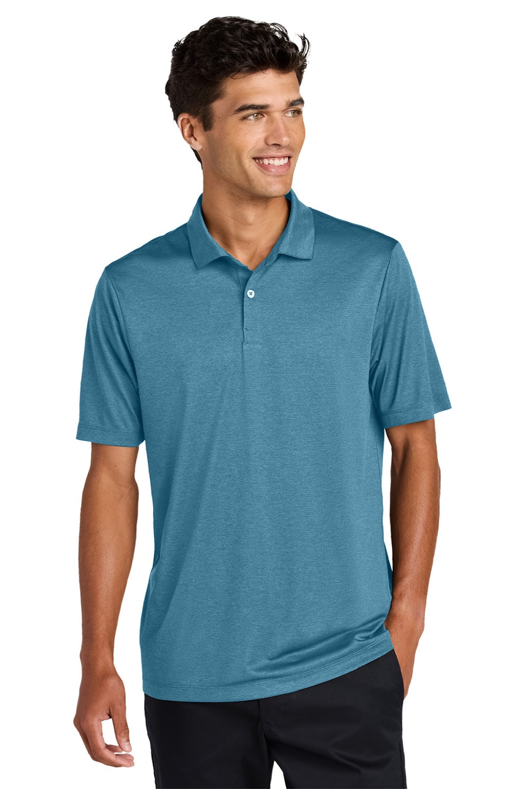 Mercer+Mettle MM1020 Mens Recharge Moisture Wicking Short Sleeve Polo Shirt Heather Harbor Blue Model Front