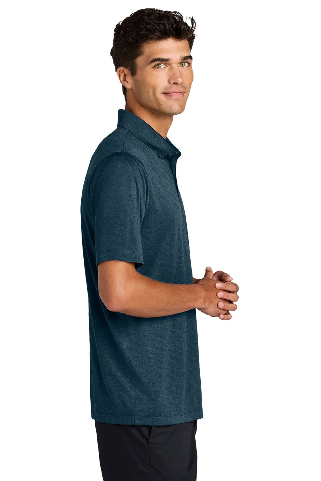 Mercer+Mettle MM1020 Mens Recharge Moisture Wicking Short Sleeve Polo Shirt Heather Insignia Blue Model Side