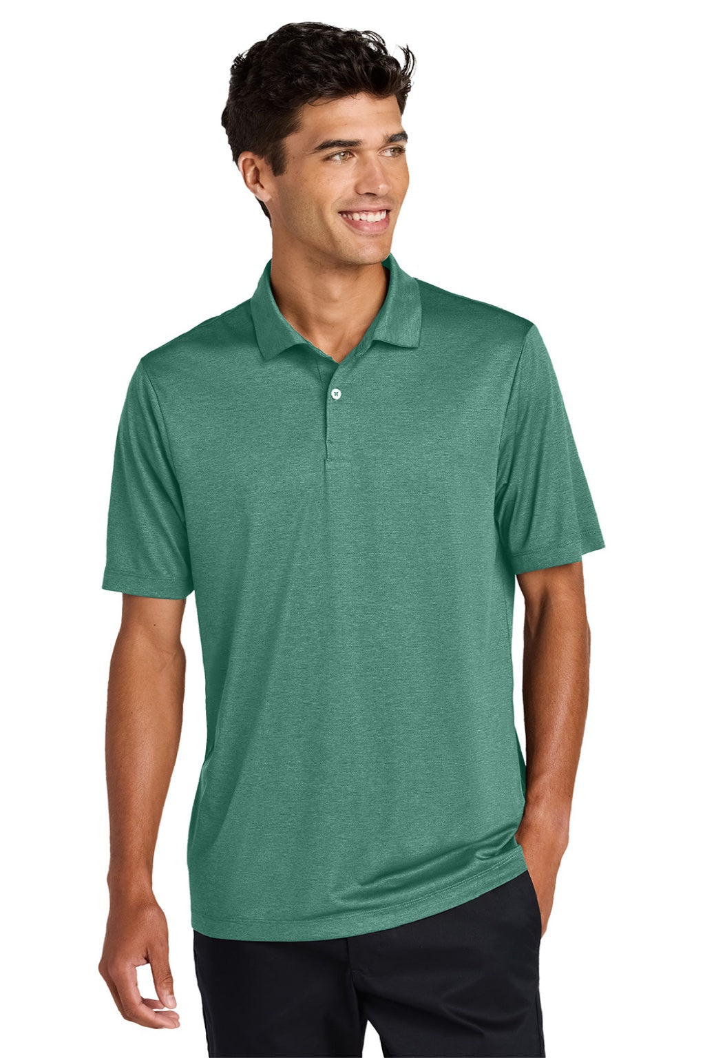Mercer+Mettle MM1020 Mens Recharge Moisture Wicking Short Sleeve Polo Shirt Heather Sage Green Model Front