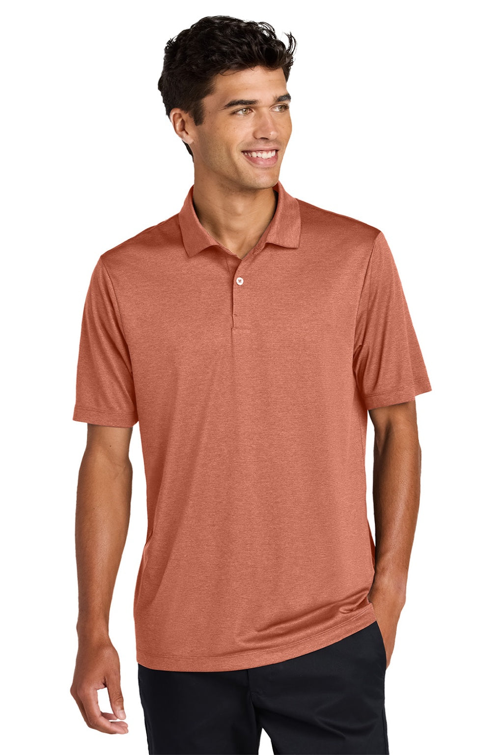Mercer+Mettle MM1020 Mens Recharge Moisture Wicking Short Sleeve Polo Shirt Heather Sienna Model Front