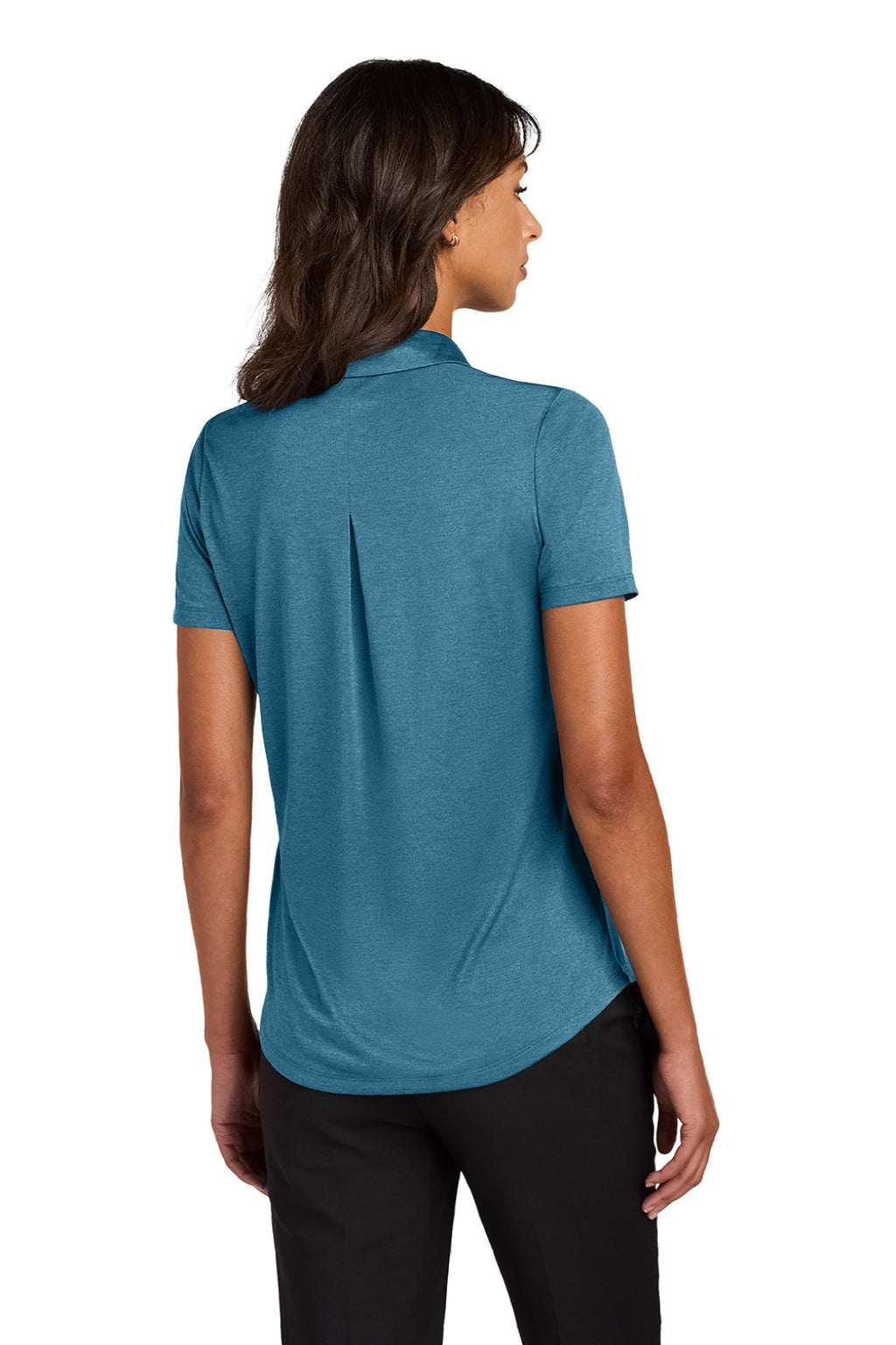 Mercer+Mettle MM1021 Womens Recharge Moisture Wicking Short Sleeve Polo Shirt Heather Harbor Blue Model Back