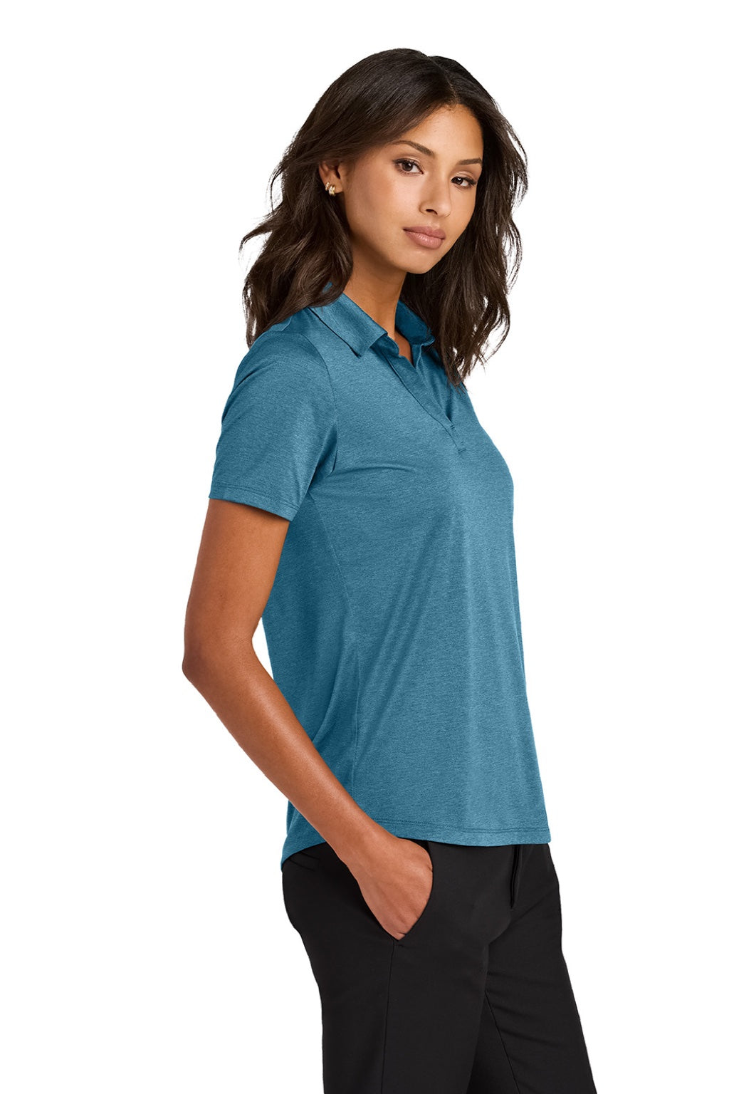 Mercer+Mettle MM1021 Womens Recharge Moisture Wicking Short Sleeve Polo Shirt Heather Harbor Blue Model Side