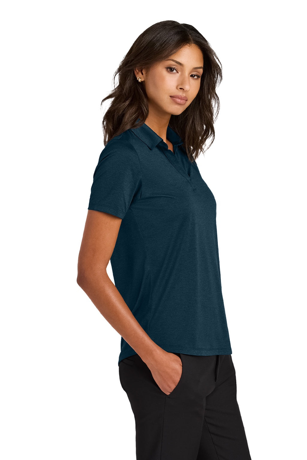 Mercer+Mettle MM1021 Womens Recharge Moisture Wicking Short Sleeve Polo Shirt Heather Insignia Blue Model Side