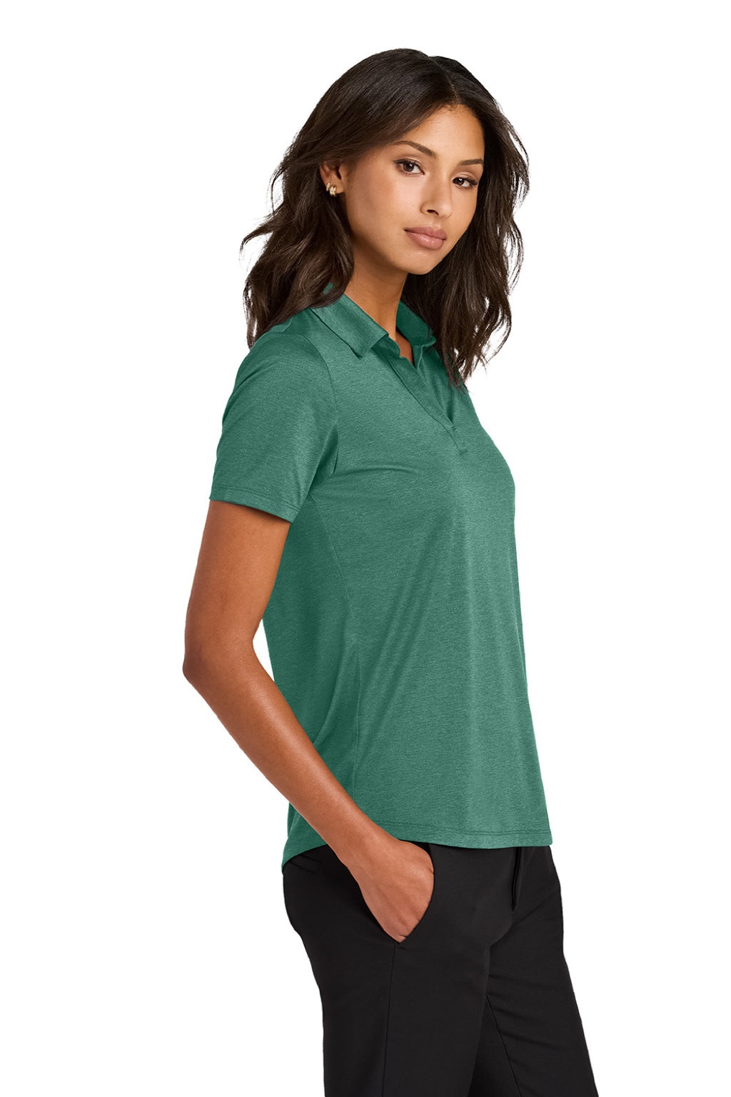 Mercer+Mettle MM1021 Womens Recharge Moisture Wicking Short Sleeve Polo Shirt Heather Sage Green Model Side