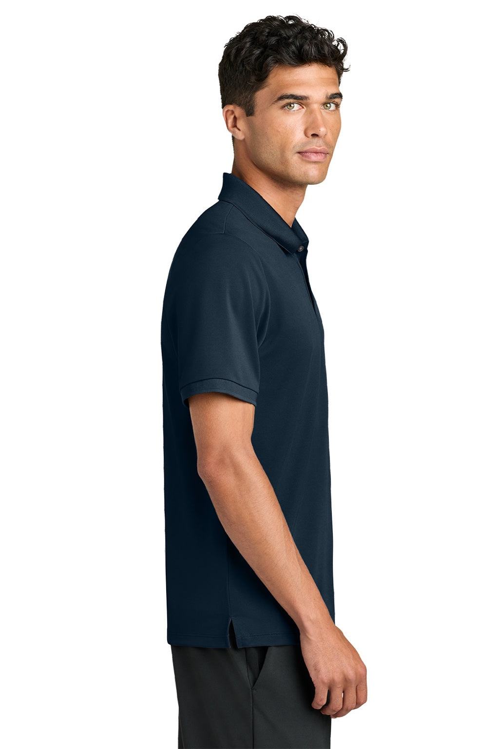 Mercer+Mettle MM1030 Mens Everyday Performance Short Sleeve Polo Shirt Night Navy Blue Model Side