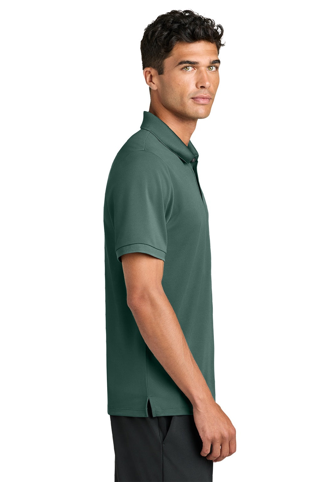 Mercer+Mettle MM1030 Mens Everyday Performance Short Sleeve Polo Shirt Silver Pine Green Model Side