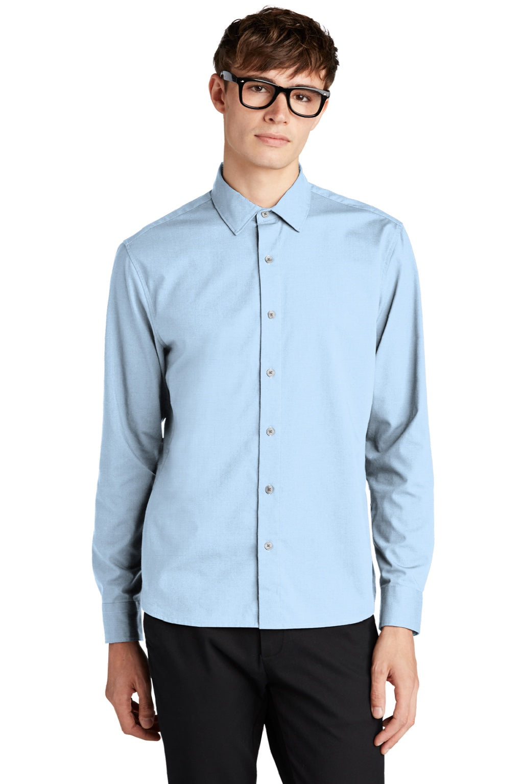 Mercer+Mettle MM2000 Mens Stretch Woven Long Sleeve Button Down Shirt Air Blue Model Front