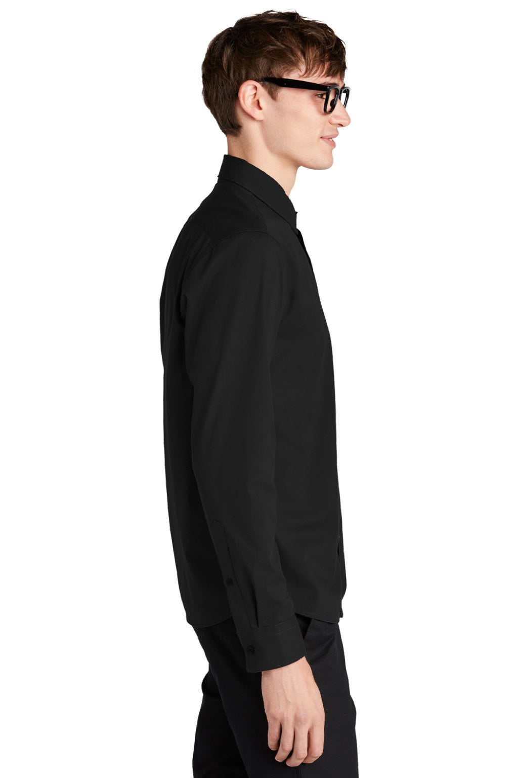 Mercer+Mettle MM2000 Mens Stretch Woven Long Sleeve Button Down Shirt Deep Black Model Side