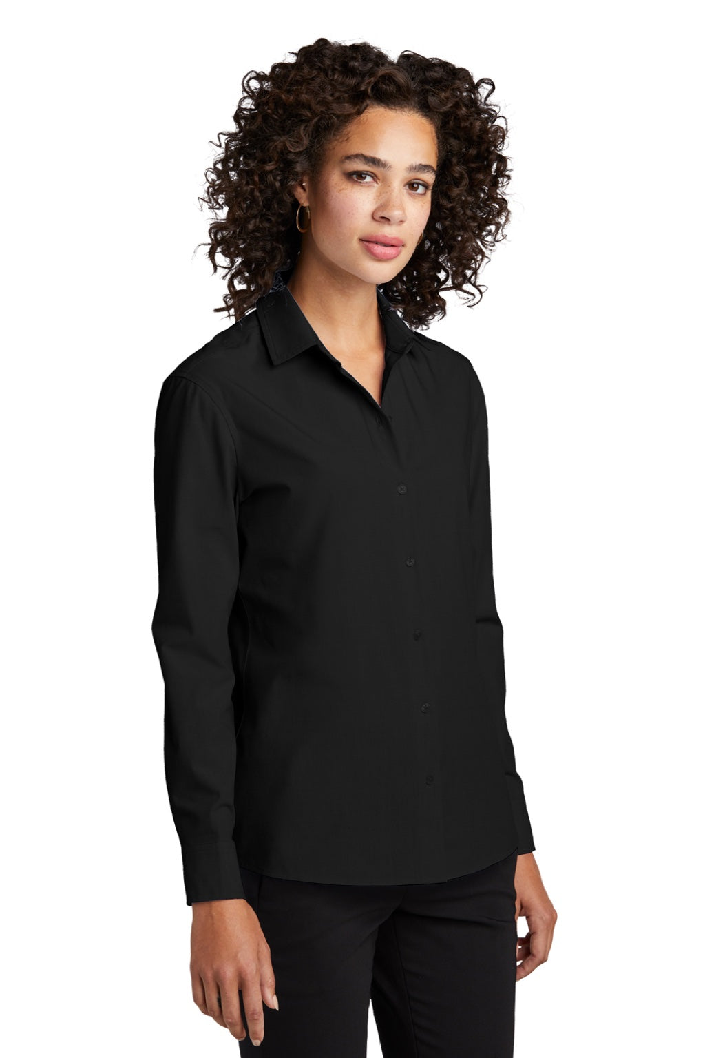 Mercer+Mettle MM2001 Womens Stretch Woven Long Sleeve Button Down Shirt Deep Black Model 3Q