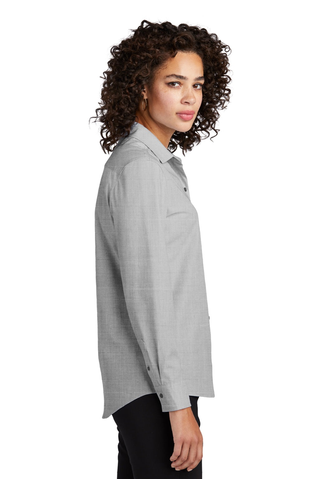 Mercer+Mettle MM2001 Womens Stretch Woven Long Sleeve Button Down Shirt Gusty Grey Model Side