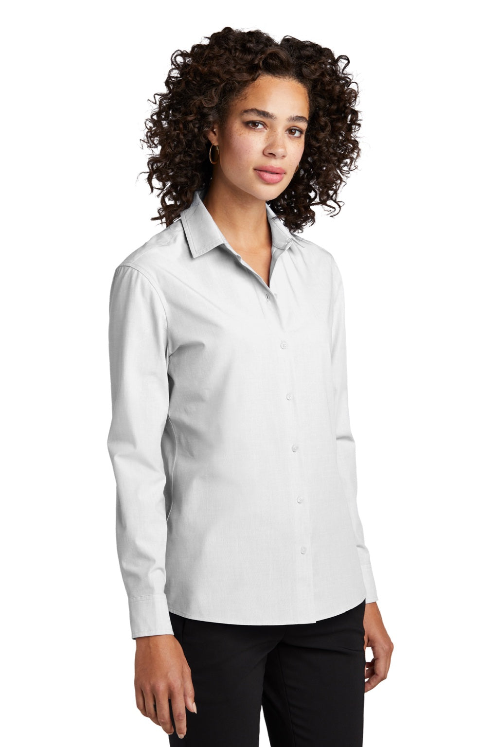 Mercer+Mettle MM2001 Womens Stretch Woven Long Sleeve Button Down Shirt White Model 3Q