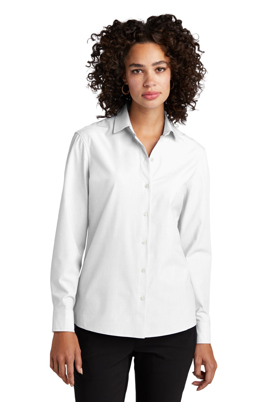 Mercer+Mettle MM2001 Womens Stretch Woven Long Sleeve Button Down Shirt White Model Front