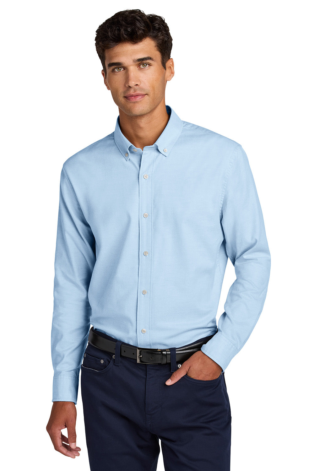 Mercer+Mettle MM2002 Mens Modern Oxford Long Sleeve Button Down Shirt Light Blue Model Front