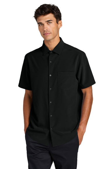 Mercer+Mettle MM2006 Mens UV Capital Tech Moisture Wicking Short Sleeve Button Down Shirt w/ Pocket Deep Black Model Front