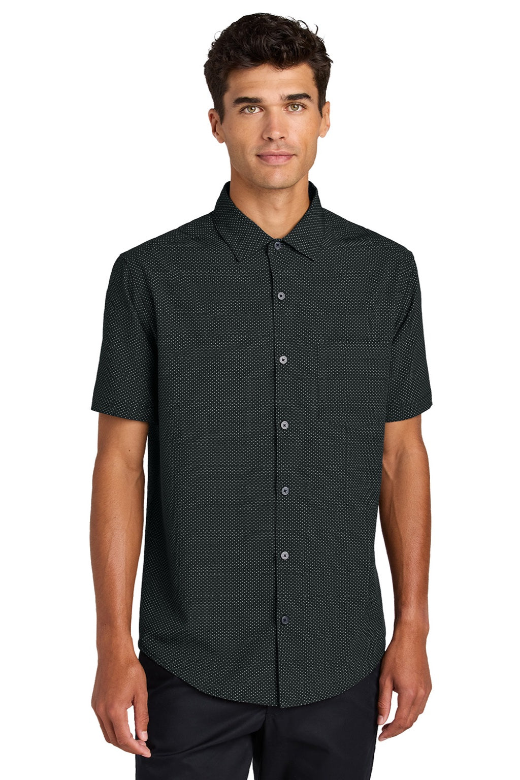 Mercer+Mettle MM2006 Mens UV Capital Tech Moisture Wicking Short Sleeve Button Down Shirt w/ Pocket Deep Black Triangle Print Model Front