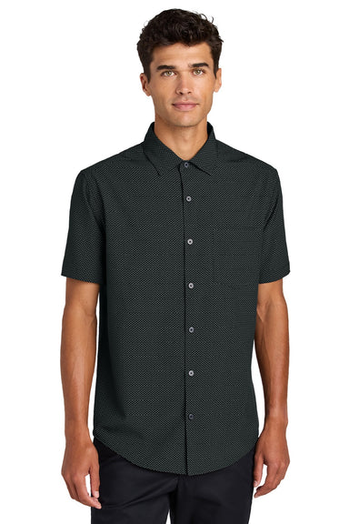 Mercer+Mettle MM2006 Mens UV Capital Tech Moisture Wicking Short Sleeve Button Down Shirt w/ Pocket Deep Black Triangle Print Model Front