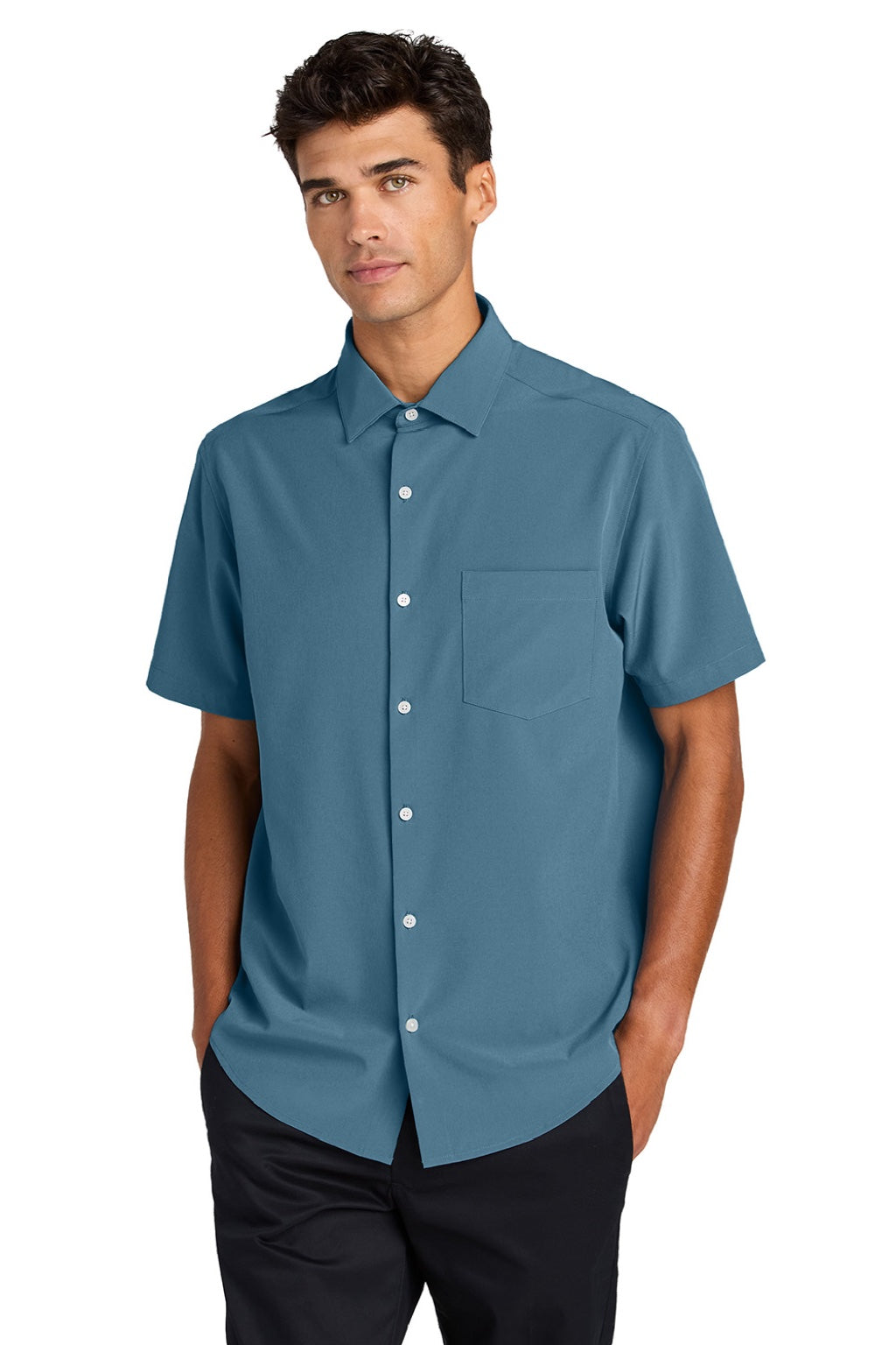 Mercer+Mettle MM2006 Mens UV Capital Tech Moisture Wicking Short Sleeve Button Down Shirt w/ Pocket Harbor Blue Model Front