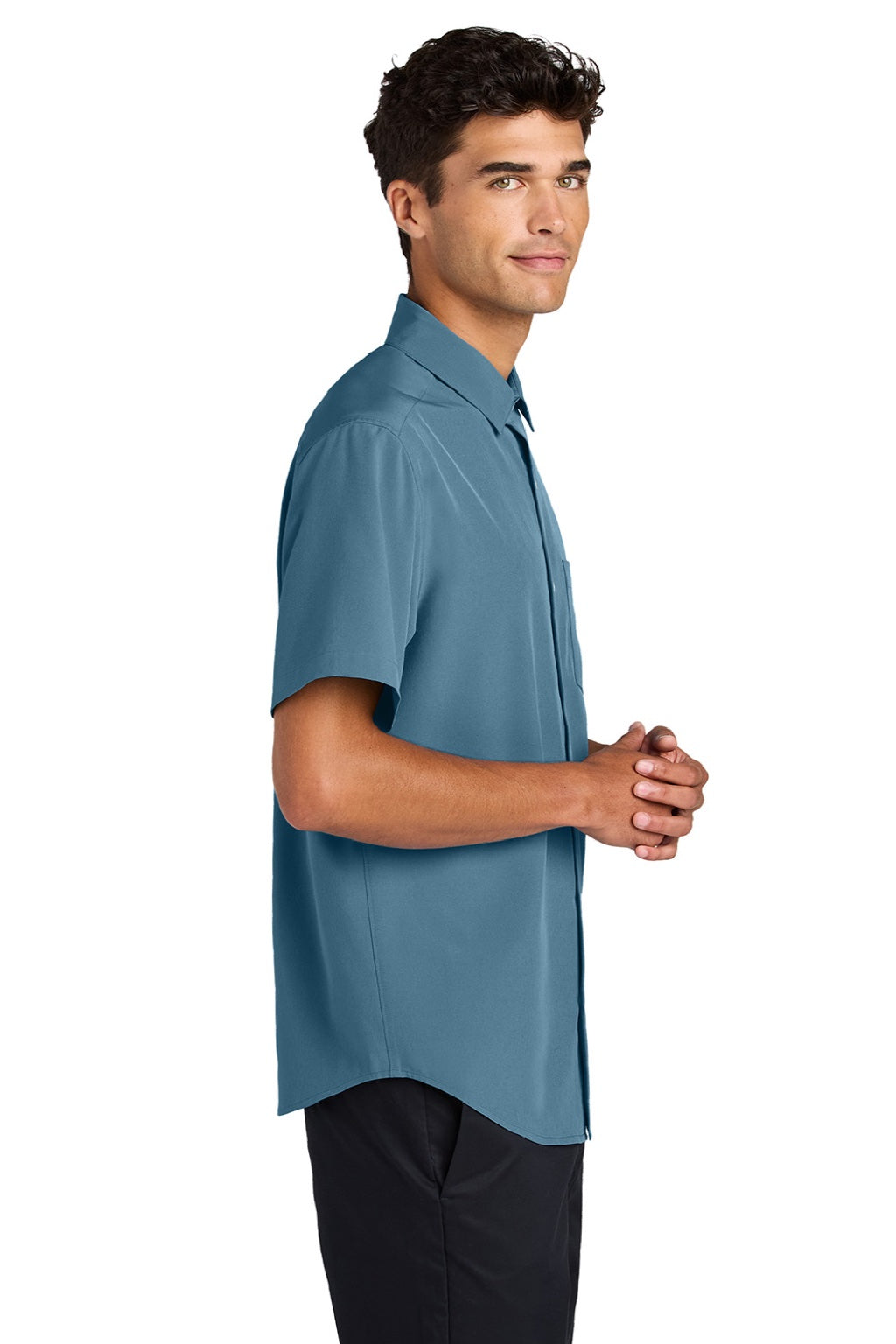 Mercer+Mettle MM2006 Mens UV Capital Tech Moisture Wicking Short Sleeve Button Down Shirt w/ Pocket Harbor Blue Model Side