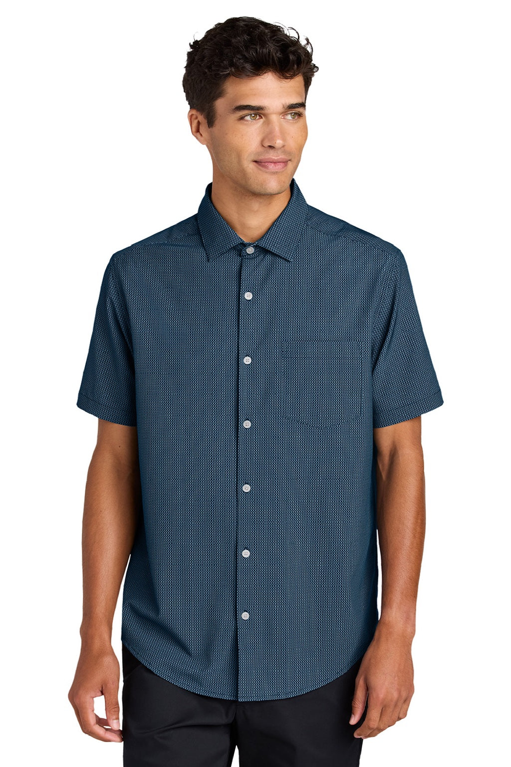 Mercer+Mettle MM2006 Mens UV Capital Tech Moisture Wicking Short Sleeve Button Down Shirt w/ Pocket Night Navy Blue Dash Print Model Front