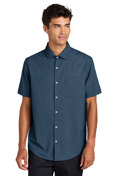 Mercer+Mettle MM2006 Mens UV Capital Tech Moisture Wicking Short Sleeve Button Down Shirt w/ Pocket Night Navy Blue Dash Print Model Front
