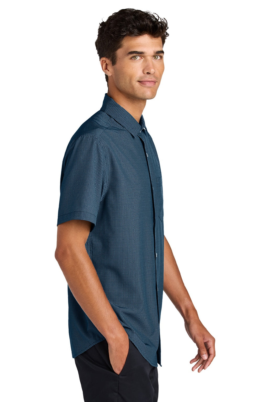 Mercer+Mettle MM2006 Mens UV Capital Tech Moisture Wicking Short Sleeve Button Down Shirt w/ Pocket Night Navy Blue Dash Print Model Side