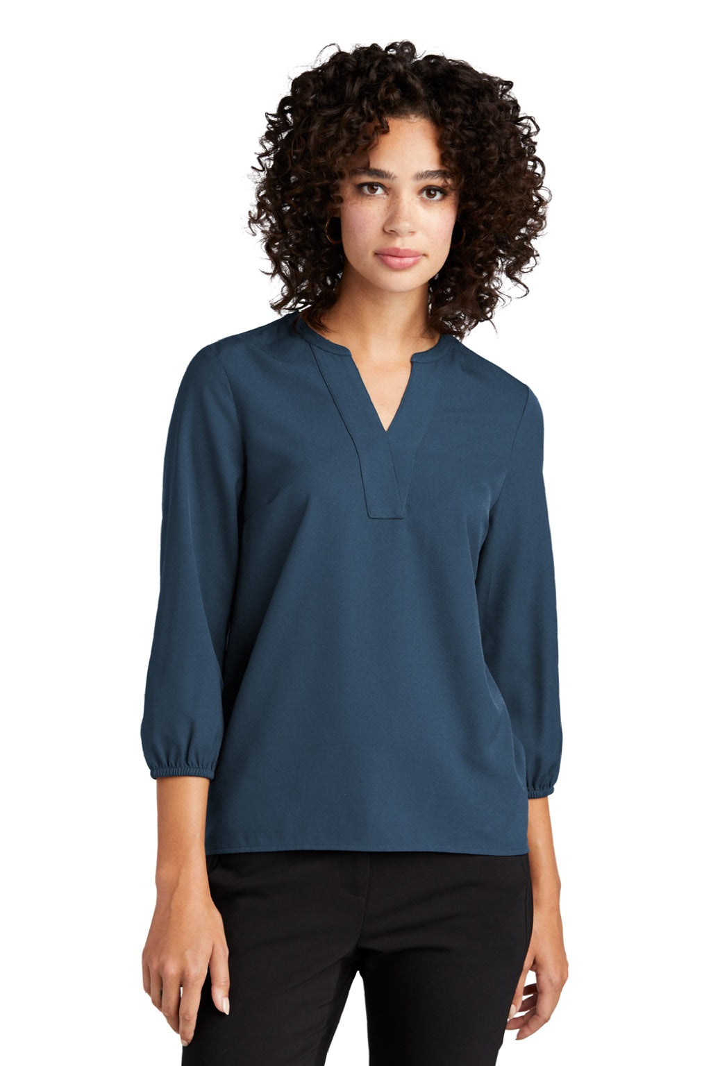 Mercer+Mettle MM2011 Womens Stretch Crepe 3/4 Sleeve Polo Shirt Insignia Blue Model Front
